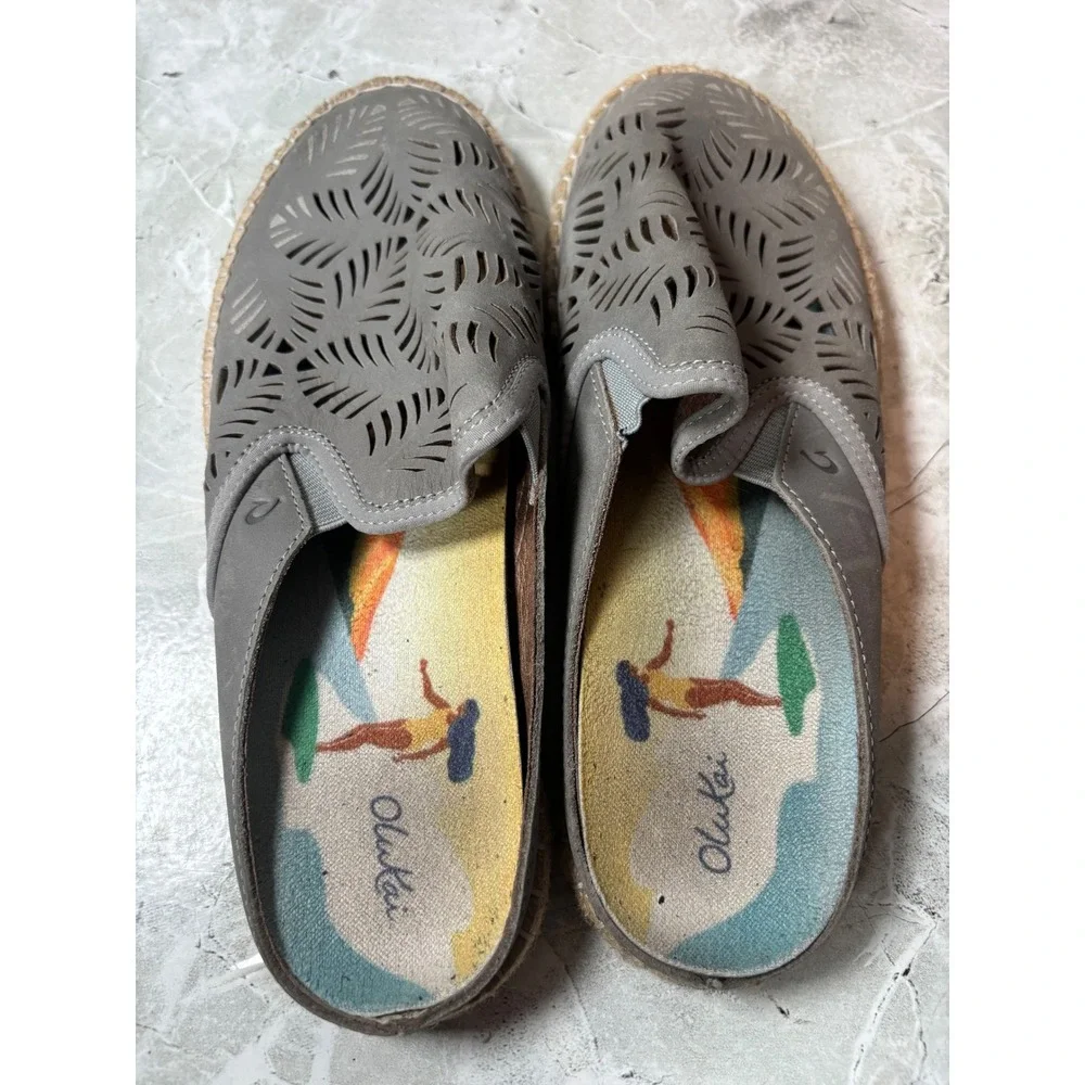OluKai Kaula Olui Grey Leather‎ Laser Cut Espadrille Mules Slip On Shoes US 8